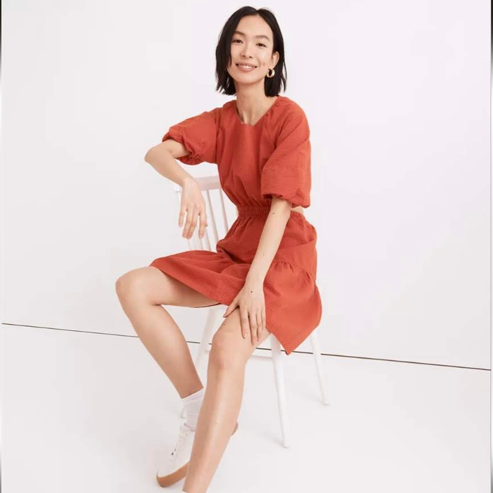 Madewell Seersucker Puff-Sleeve Cutout Mini Dress NWT